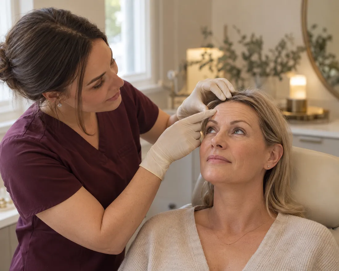 Practitioner assessing forehead lines before anti-wrinkle treatment