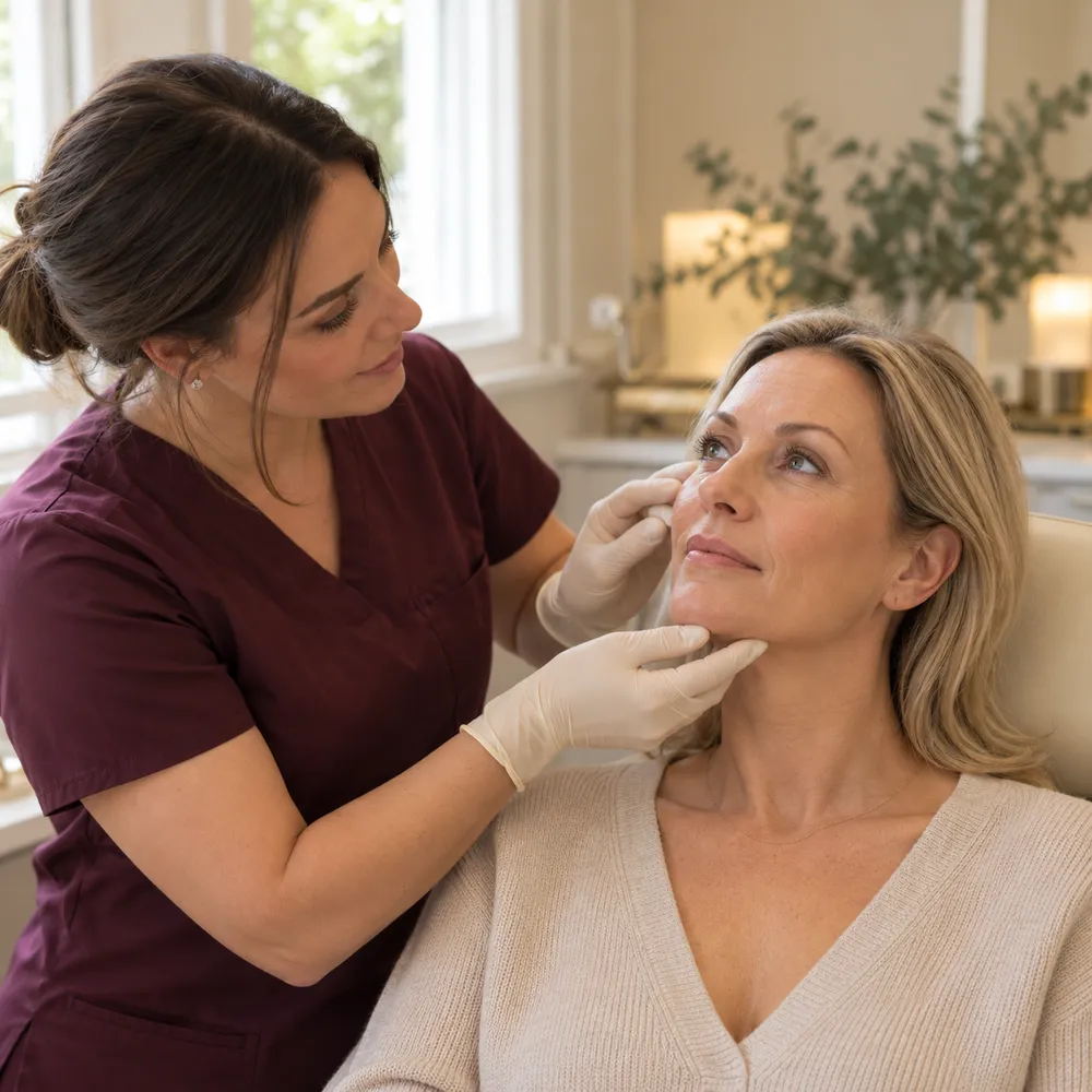 Practitioner assessing a client's cheek and jawline before dermal filler treatment