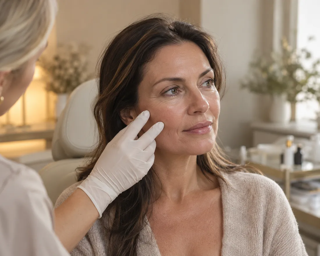Practitioner assessing a client's skin before skin booster treatment