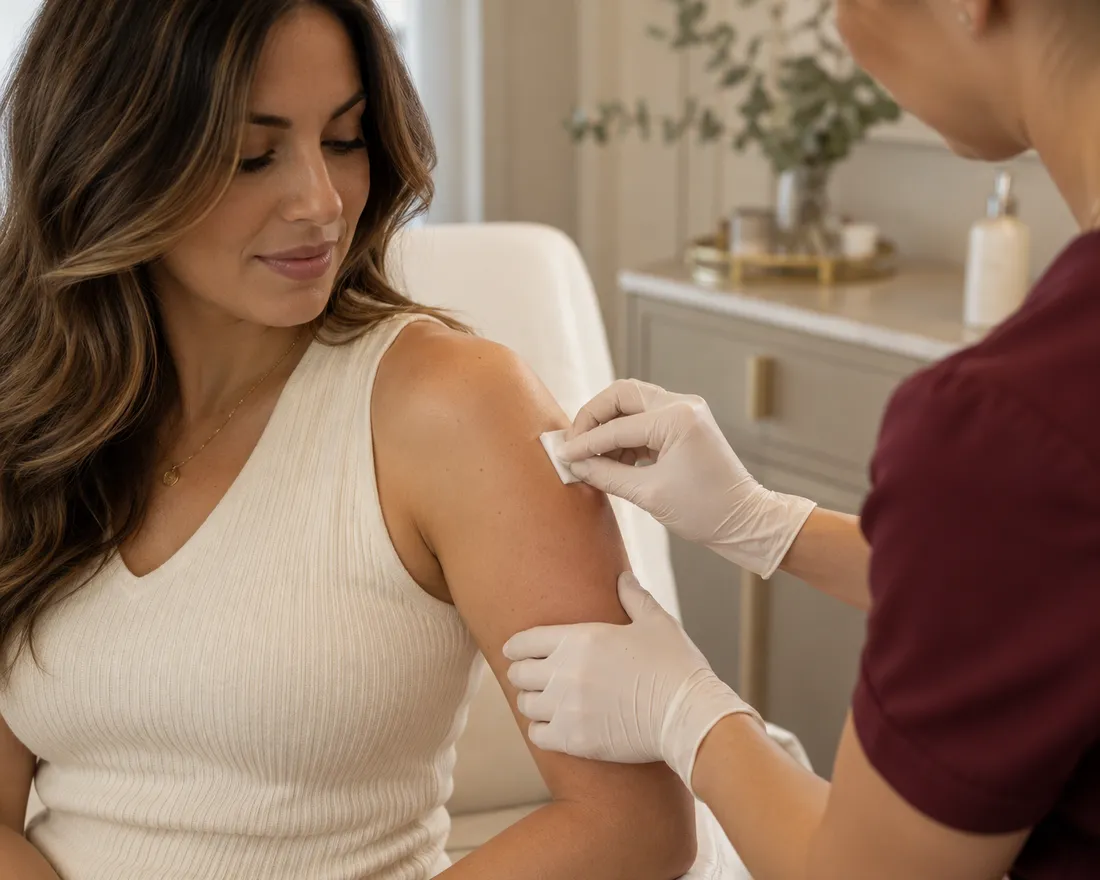 Practitioner preparing a client's arm for a vitamin injection